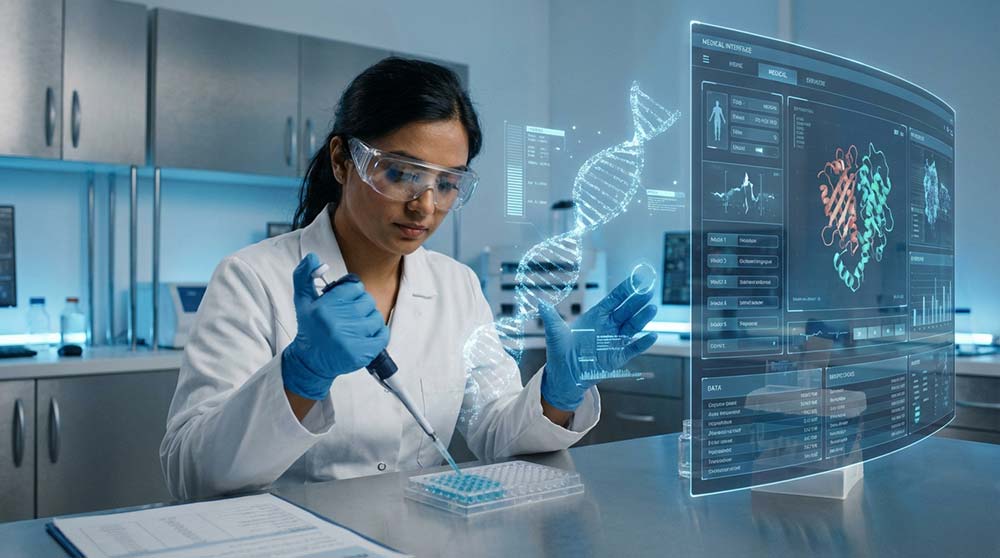 South Asian scientist analyzing DNA samples with digital biotech interface display