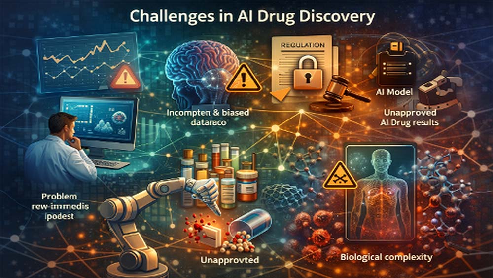 Key challenges in AI drug discovery including data regulation complexity
