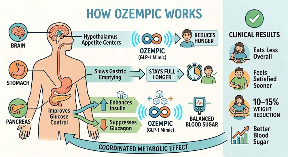 Diagram explaining Ozempic effects on brain stomach pancreas insulin regulation