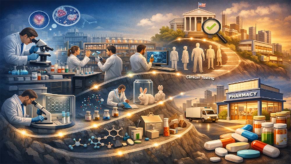 Traditional drug development process from research to market stages