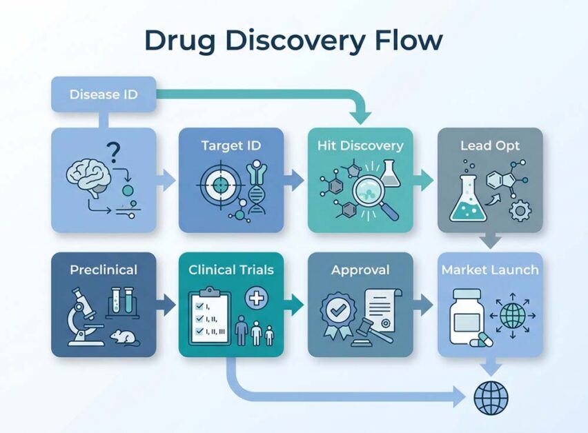 Traditional drug discovery stages from disease identification to market launch