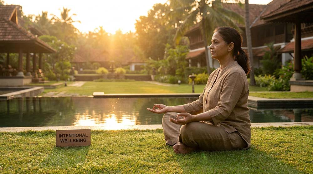 Woman practising meditation at Ayurveda wellness retreat in India