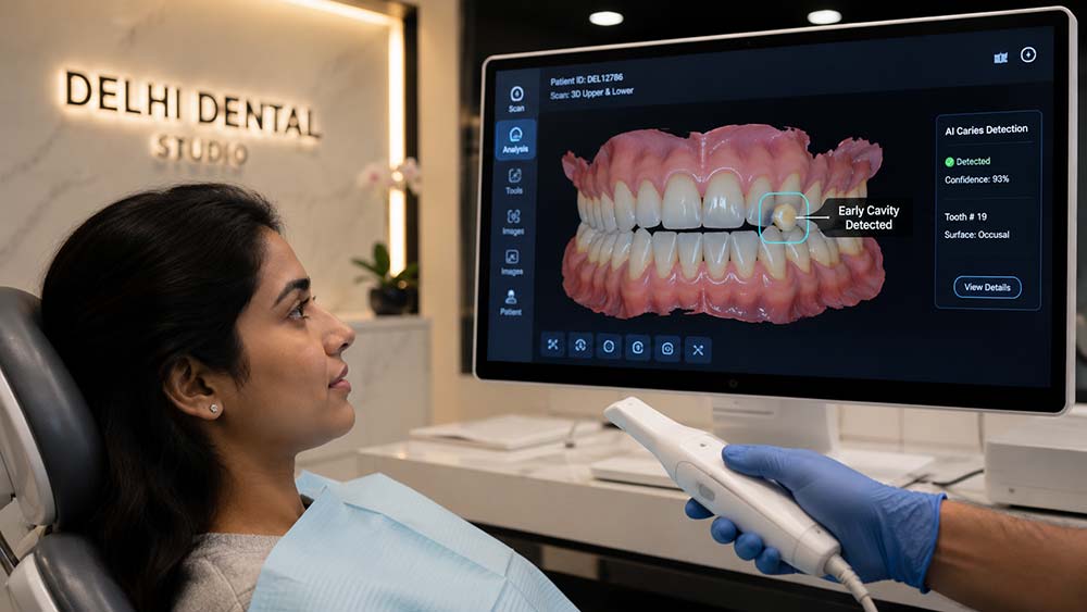 Dental AI helping dentist review diagnosis with patient in clinic