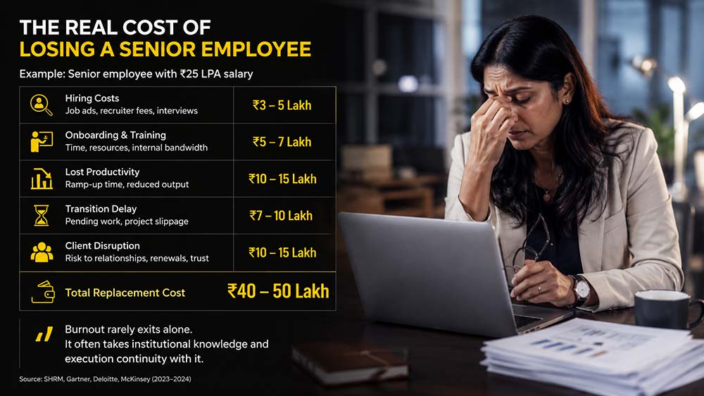 Burnout cost calculation showing stressed senior employee and business replacement expenses
