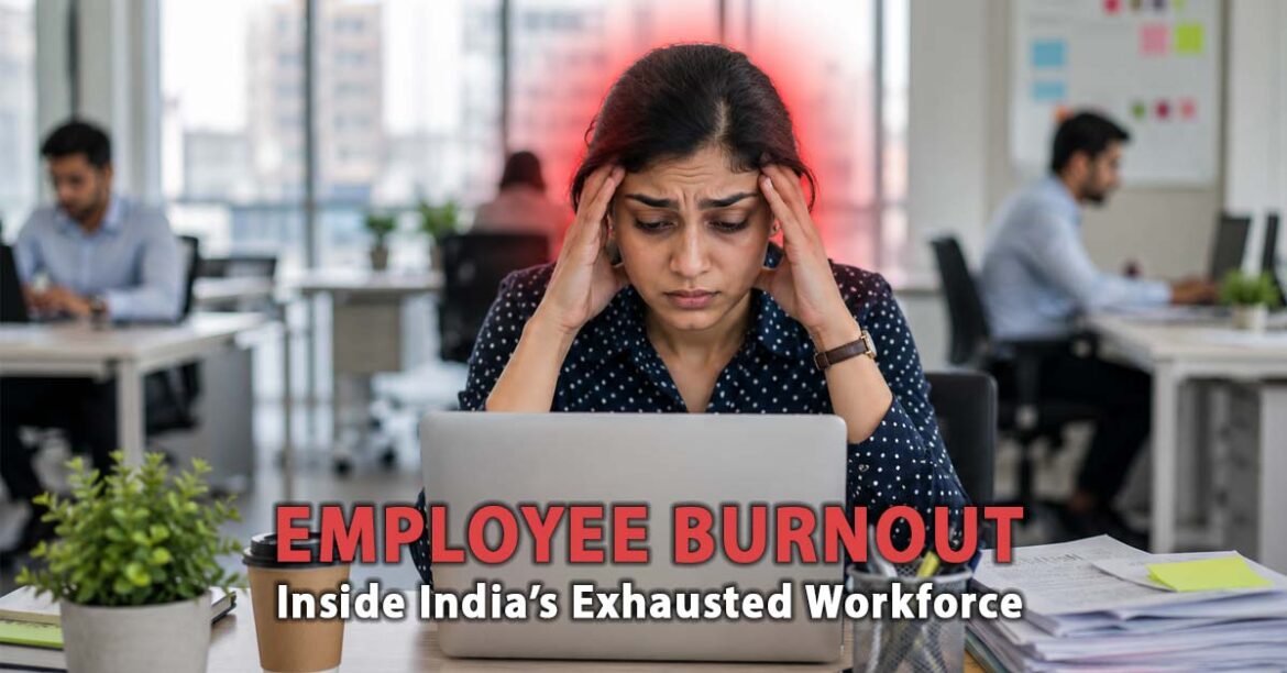 Exhausted Indian employee facing workplace burnout inside modern corporate office environment.
