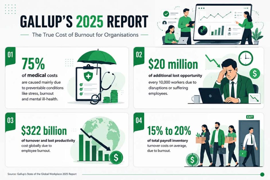 Gallup 2025 burnout statistics infographic showing financial and productivity business losses