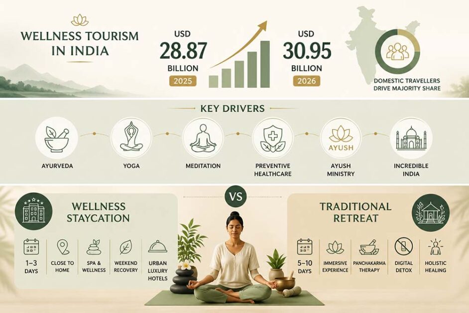 India wellness tourism infographic showing market growth and key drivers