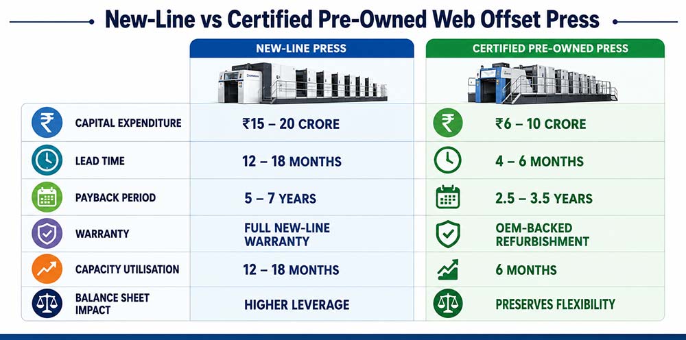 Infographic comparing new-line and certified pre-owned web offset press economics.