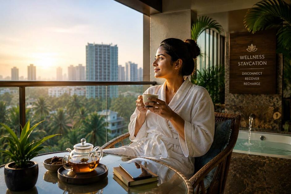 Indian professional relaxing during wellness staycation at luxury city resort