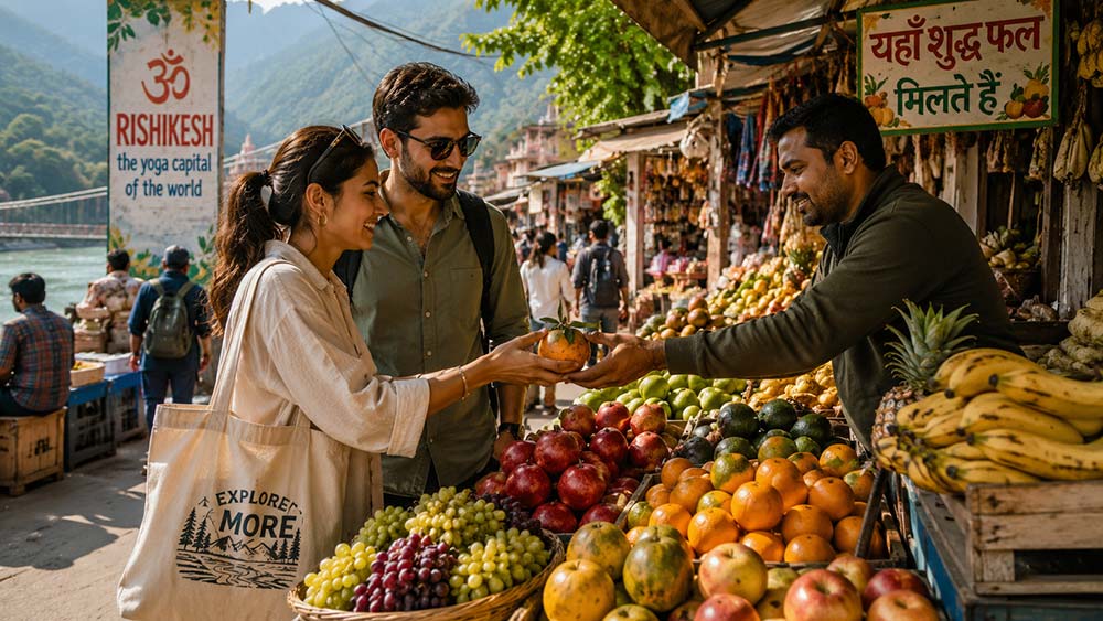 Travellers exploring local market during wellness tourism experience in Rishikesh