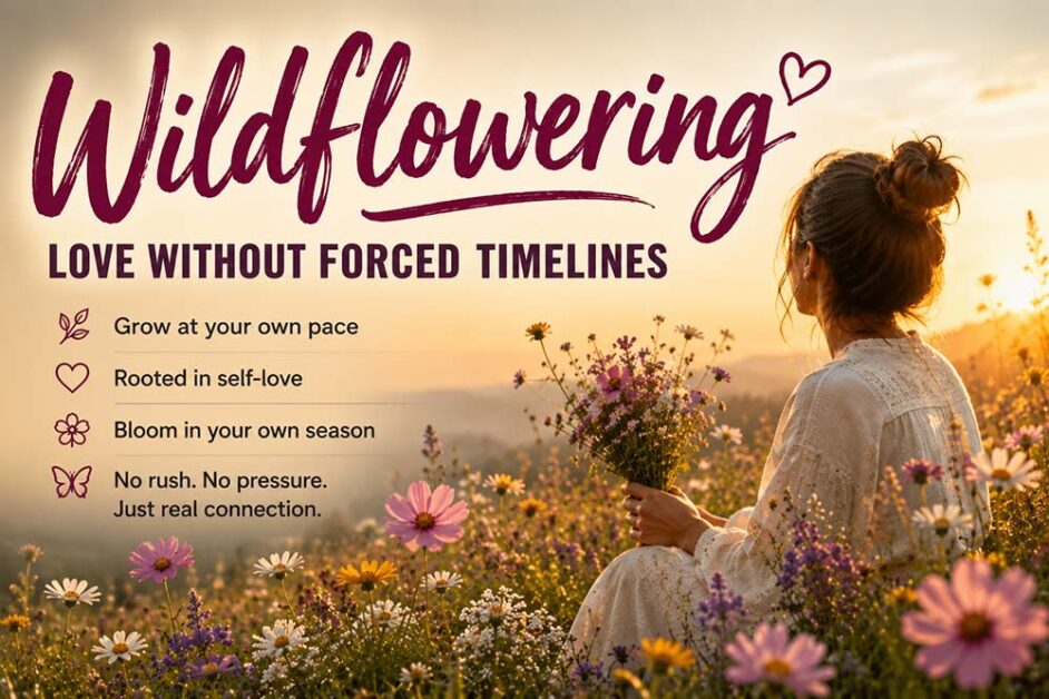 Woman in flower field reflecting slow intentional emotional connection