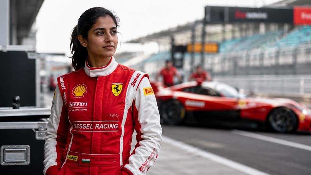 Indian woman motorsport racer standing beside Ferrari race car