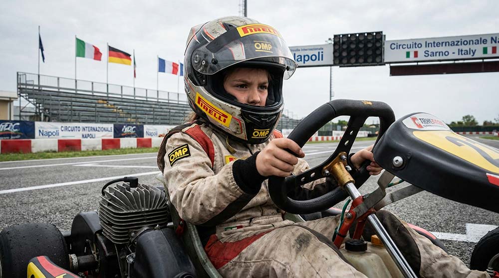 Young female kart racer competing at international circuit track