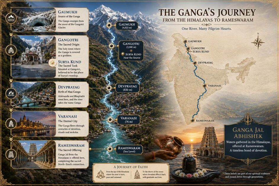 Ganga journey from Gaumukh to Rameswaram showing sacred pilgrimage route