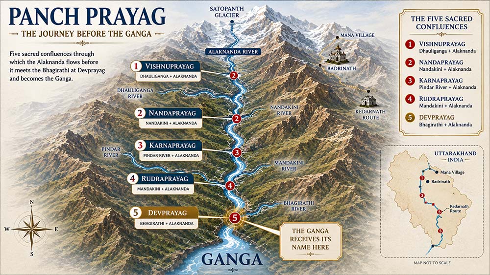 Map showing Panch Prayag journey before Ganga forms at Devprayag
