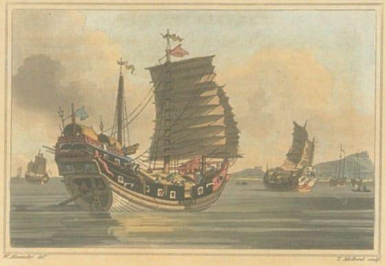 A Chinese junk depicted in Travels in China. Journey of Ching Shih