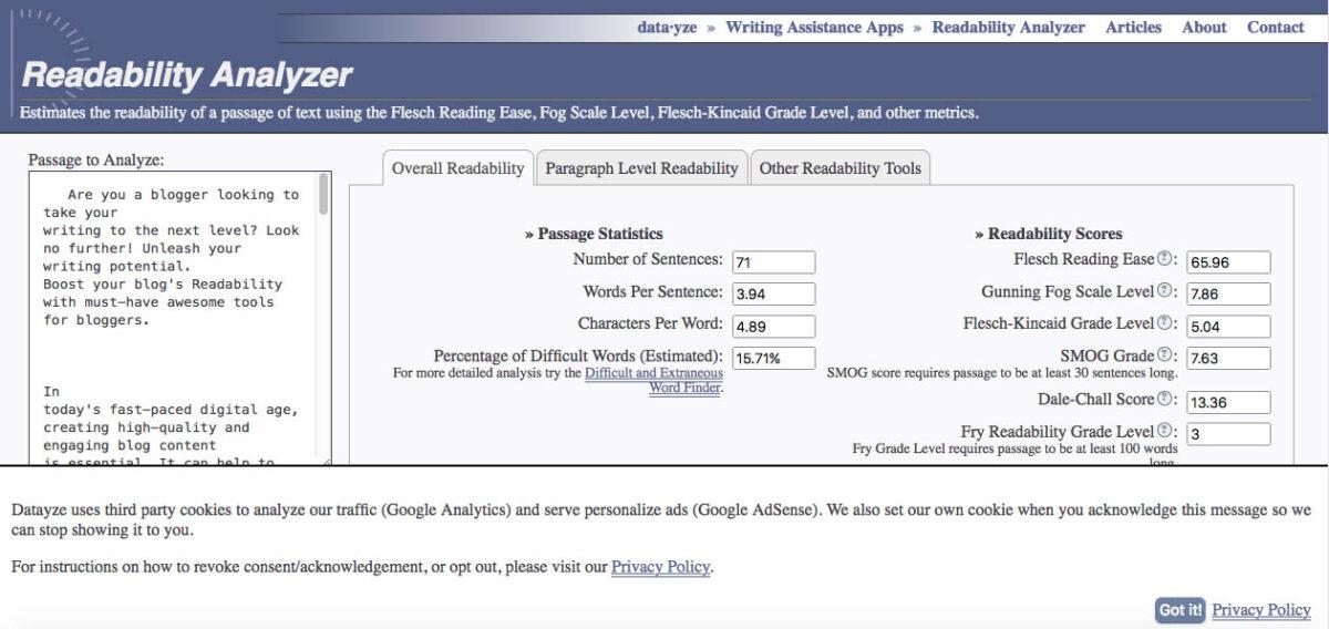 Datayze Readability Analyzer: Tools to Improve Blog Writing