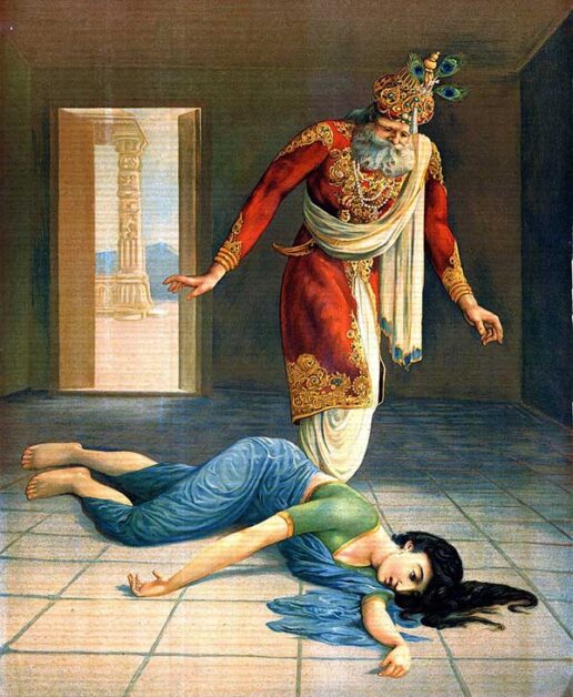 King Dasaratha torn between love for Rama and a promise to his wife, bound by the Raghukul Reet