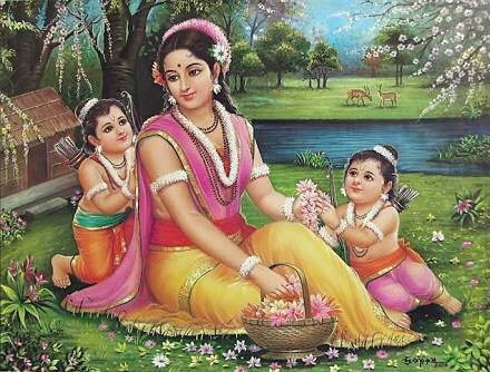 Image Depicting Sita, Rama's wife with her sons Luv and Kush