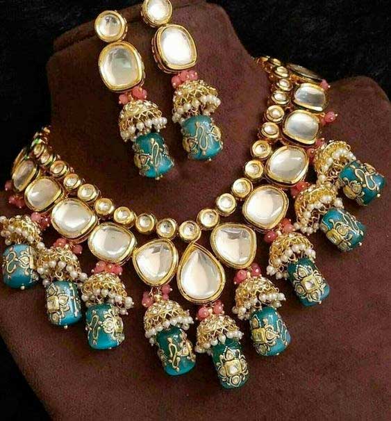 Traditional Indian jewelry set: Kundan Jhumka and Minakari necklace