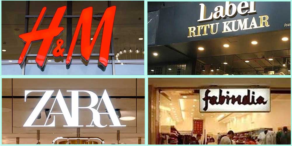 H&M, Ritu Kumar, Zara, FabIndia logos representing fashion brands for ethical sourcing