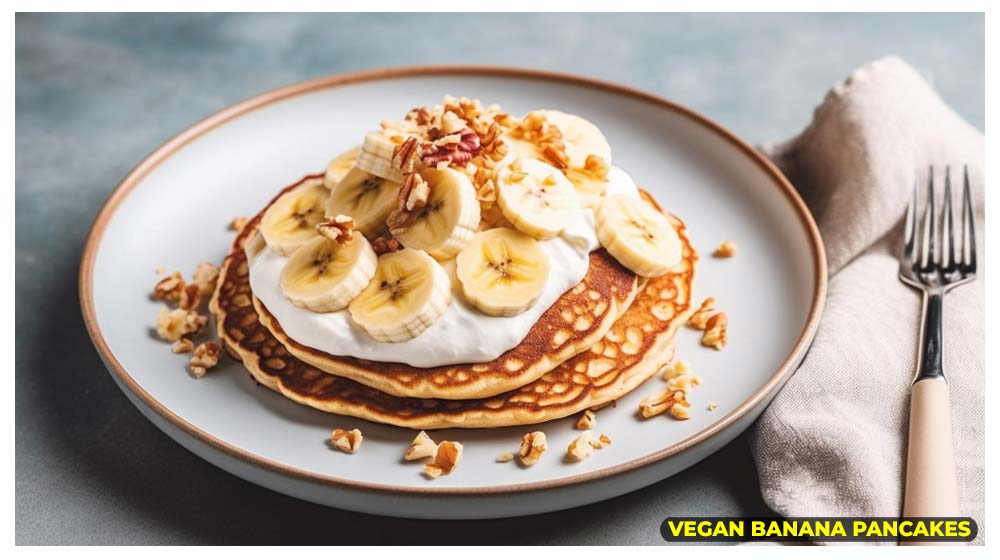 Enjoy a stack of vegan banana pancakes for a delightful breakfast.