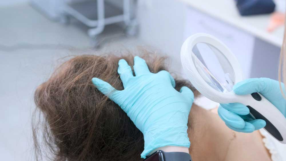 Trichologist checking hair on patient's head