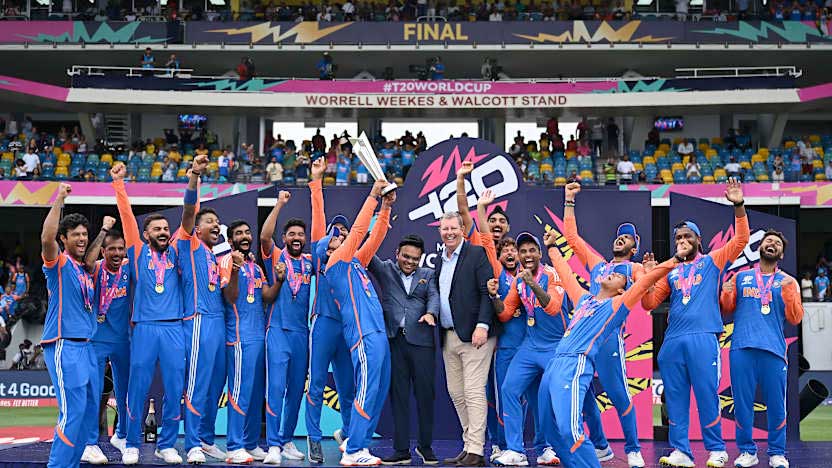 Jubilant Team India lifting the ICC T20 Championship 2024 trophy in celebration