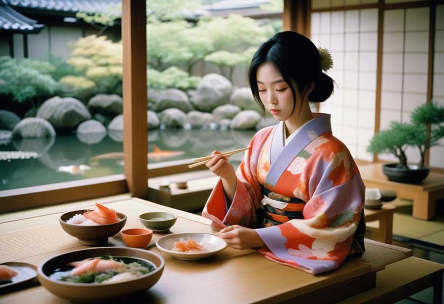 Japanese concepts: eating balanced diet in traditional home.