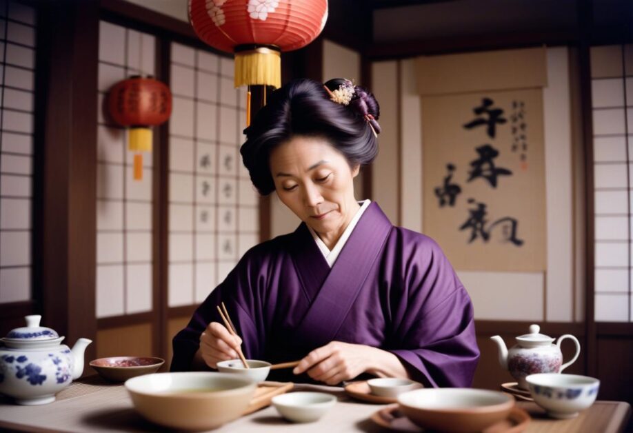 Middle-aged Japanese woman in kimono with tea ceremony items.