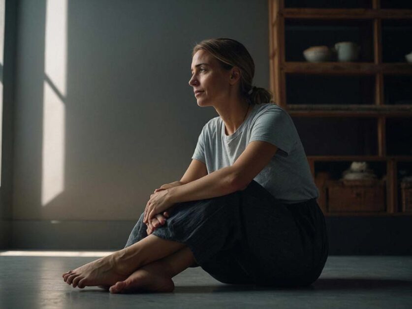 Woman looking thoughtful, managing work, family, and personal stress.