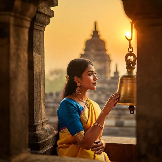 Ringing bell at sunrise, symbolizing devotion and serenity