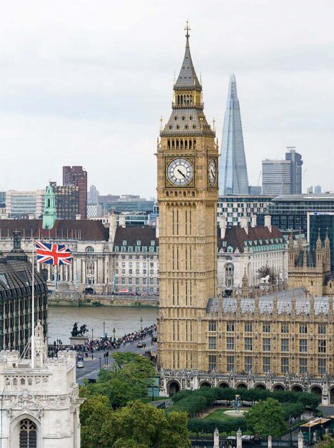 Elizabeth Tower stands tall, housing the famed Big Ben