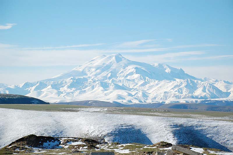 Majestic Mount Elbrus, the towering peak of the Caucasus region.