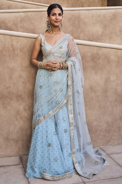 Anita Dongre’s Akasa Gharara: Elegance in Power Pastels