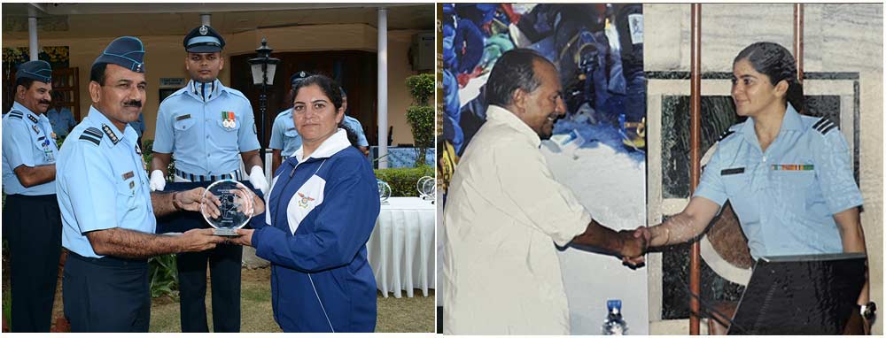 Bhavana Mehra receiving an award and being congratulated in IAF.