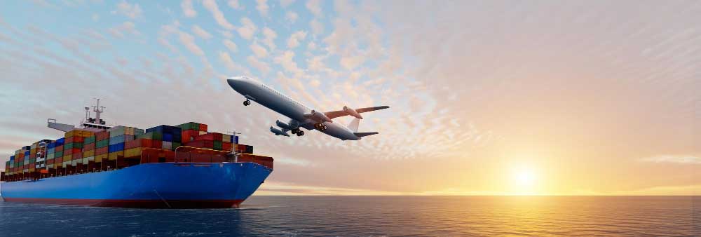 Cargo ship and airplane representing international freight shipping options.