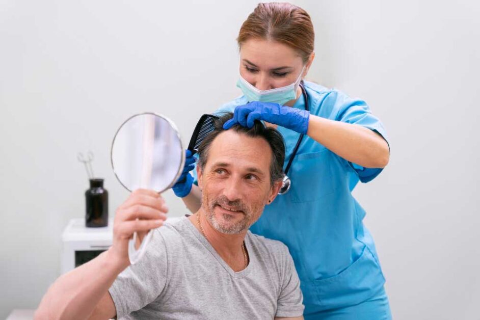 Dermatologist examining hair fall to determine underlying health causes.
