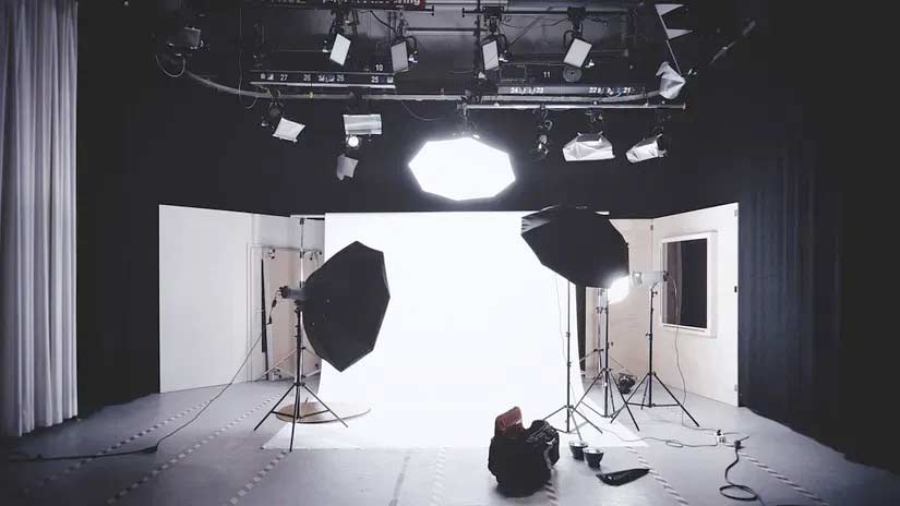 Well-equipped film production wstudio with lighting setup for film shoots.