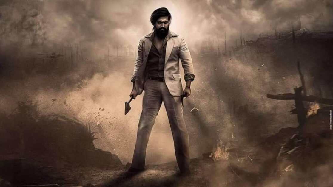 KGF movie poster featuring intense action scene with lead actor.