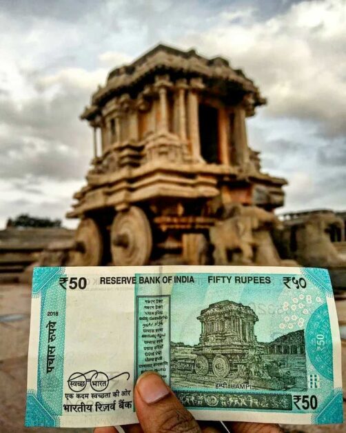 Fluorescent blue 50 Rupee note showcasing Hampi’s Stone Chariot.