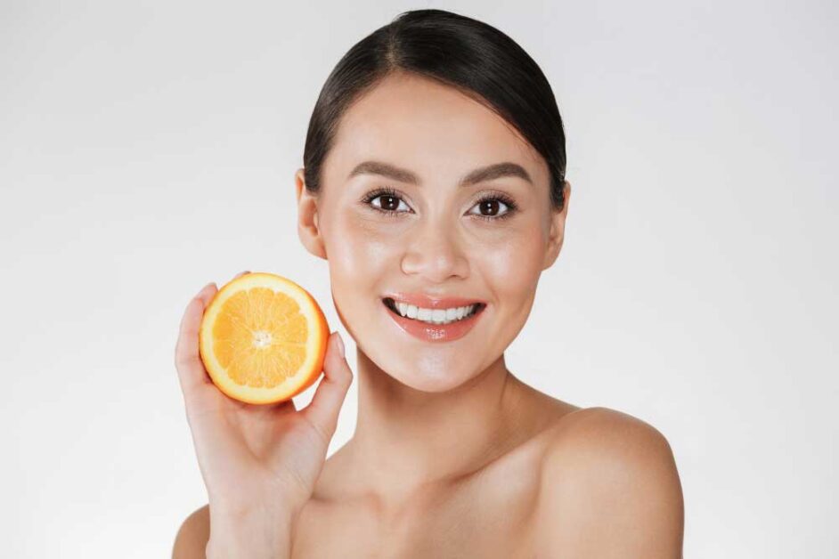 Topical Vitamin C enhances glow, collagen production, and skin protection.