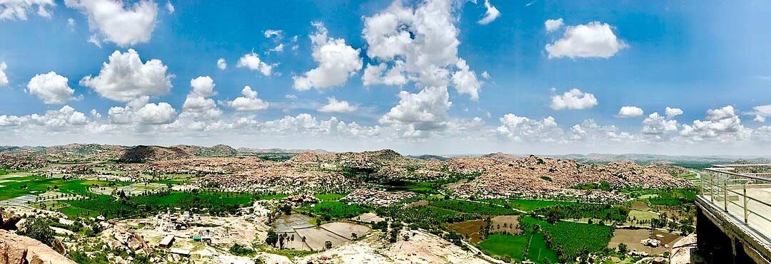 Scenic Hampi landscape from Anjanadri Hill, birthplace of Lord Hanuman.