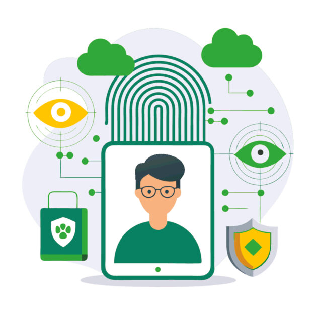 Illustration showing biometric authentication, cloud integration, and security shield representing PAN 2.0’s online application process.