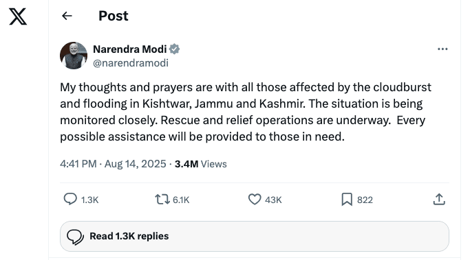 Sh. Narendra Modi in a Tweet on cloudburst in india