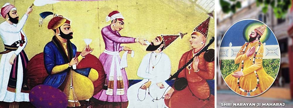 Depiction of Emperor Jahangir testing Shri Narayan Ji Maharaj with poison