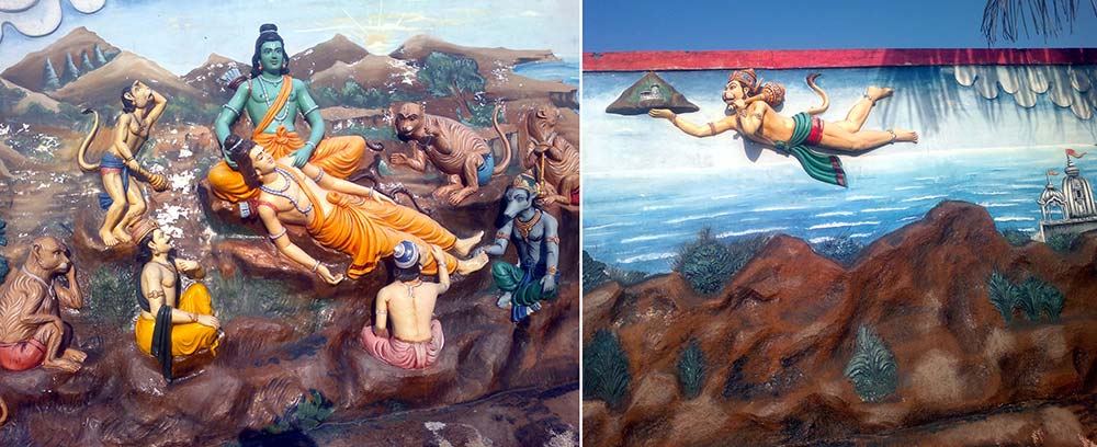 Mural of Ram Darbar with Hanuman carrying Sanjeevani herb at Pandori Dham Sarovar