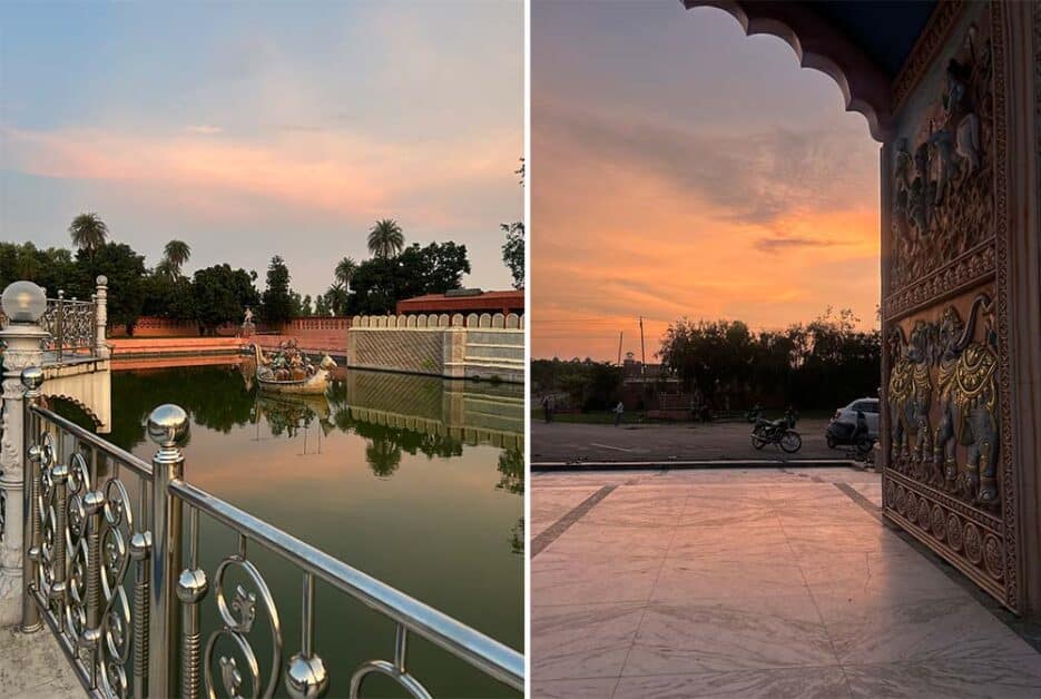 Sunset reflections on temple pond and gateway scene