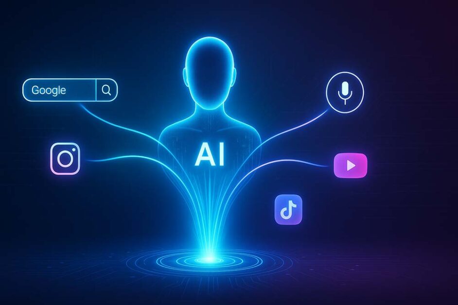 Futuristic AI hub connecting search, voice, and social platforms