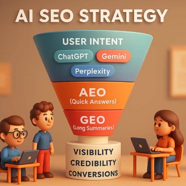 Infographic showing AI SEO strategy funnel stages